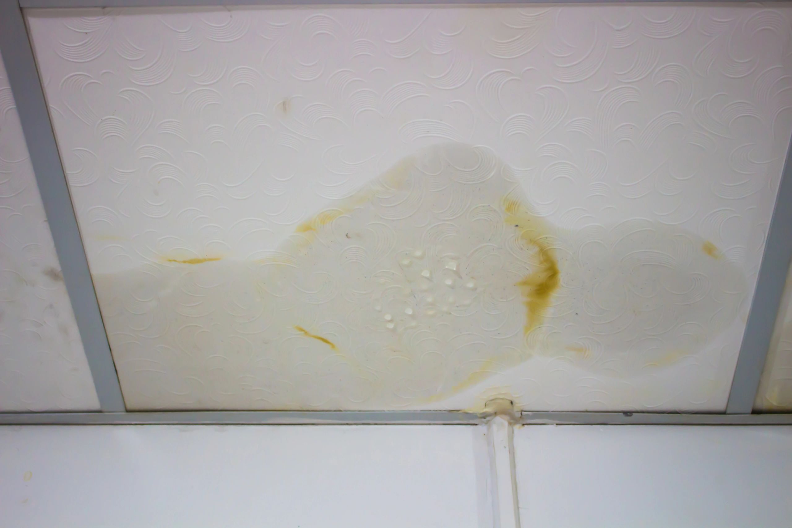 Ceiling water stain caused by roof leak after heavy rain