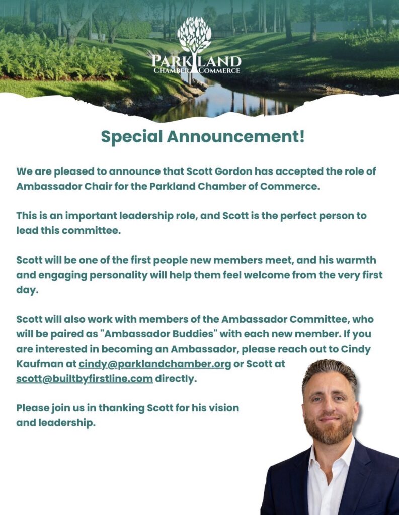 Scott Gordon Named Ambassador Chair of the Parkland Chamber of Commerce